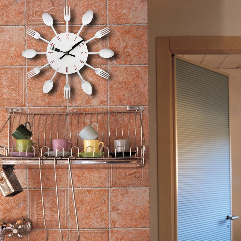 Timelike Kitchen Wall Clock, 3D Removable Modern Creative Cutlery Kitchen Spoon Fork Wall Clock Mirror Wall Decal Wall Sticker Room Home Decoration (White) - Image 5